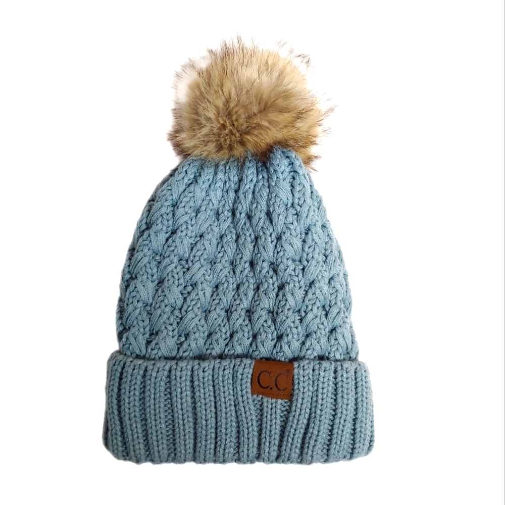 C.C Women's Faux Fur Pom Light Blue Knit Thick Warm Soft Winter Hat